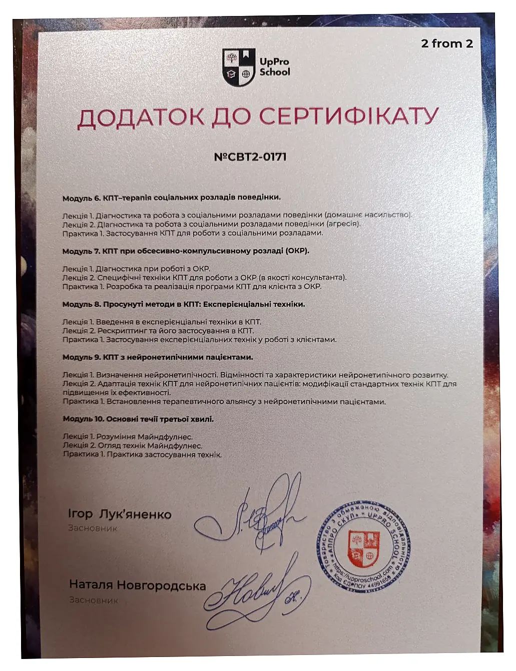 Додаток до сертифіката КПТ-консультанта, сторінка 2